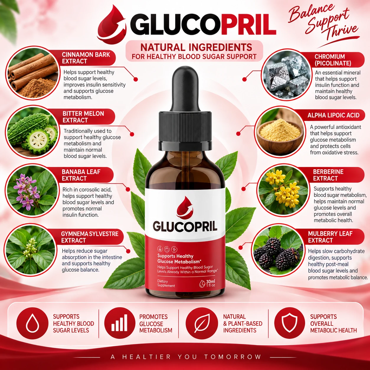 GlucoPril ingredients — Cinnamon Bark, Bitter Melon, Banaba Leaf, Gymnema Sylvestre, Chromium, Alpha Lipoic Acid, Berberine and Mulberry Leaf Extract